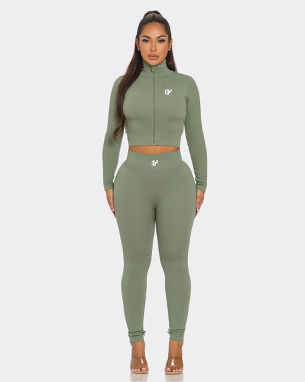2 Pcs Seamless Zip Up Crop Top and Legging Set