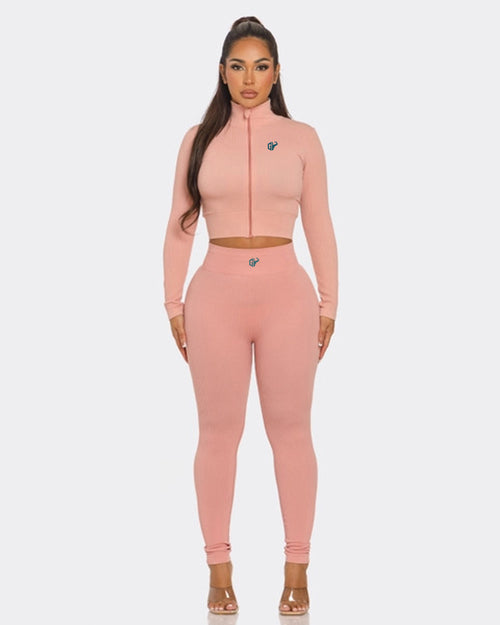 2 Pcs Seamless Zip Up Crop Top and Legging Set